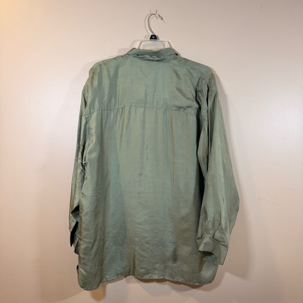 Diversions‎ 100 Silk Button Down Sage Safari M Top Oversized Long Sleeve Utility - Picture 3 of 12